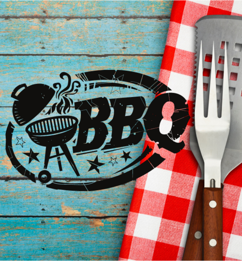 BBQ and grill image overlaying blue picnic table, picnic tablecloth, and grill tools.