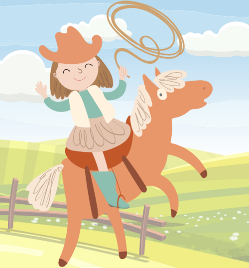 Cartoon girl on horse with lasso
