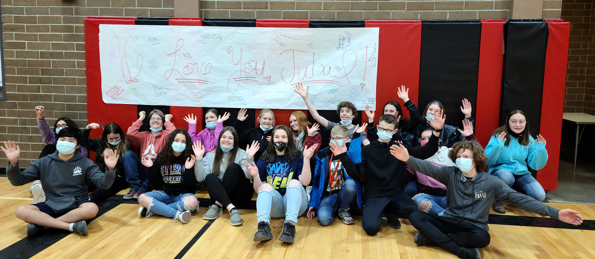Brixner Junior High School?s Student Council poses with a sign for Jubal.