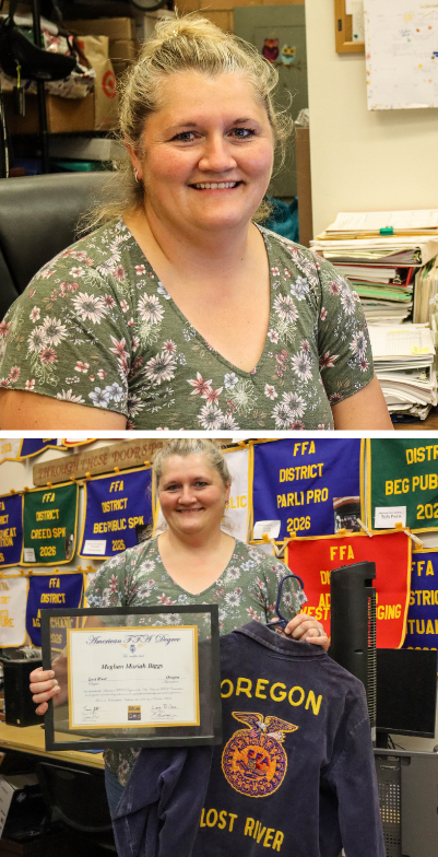 Meghan Miller, top, at her classroom desk. Meghan Miller with her high school FFA jacket and degree.